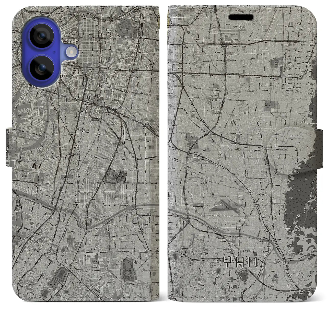 【八尾(大阪府)】地図柄iPhoneケース(手帳タイプ)モノトーン・iPhone 16 Pro Max 用