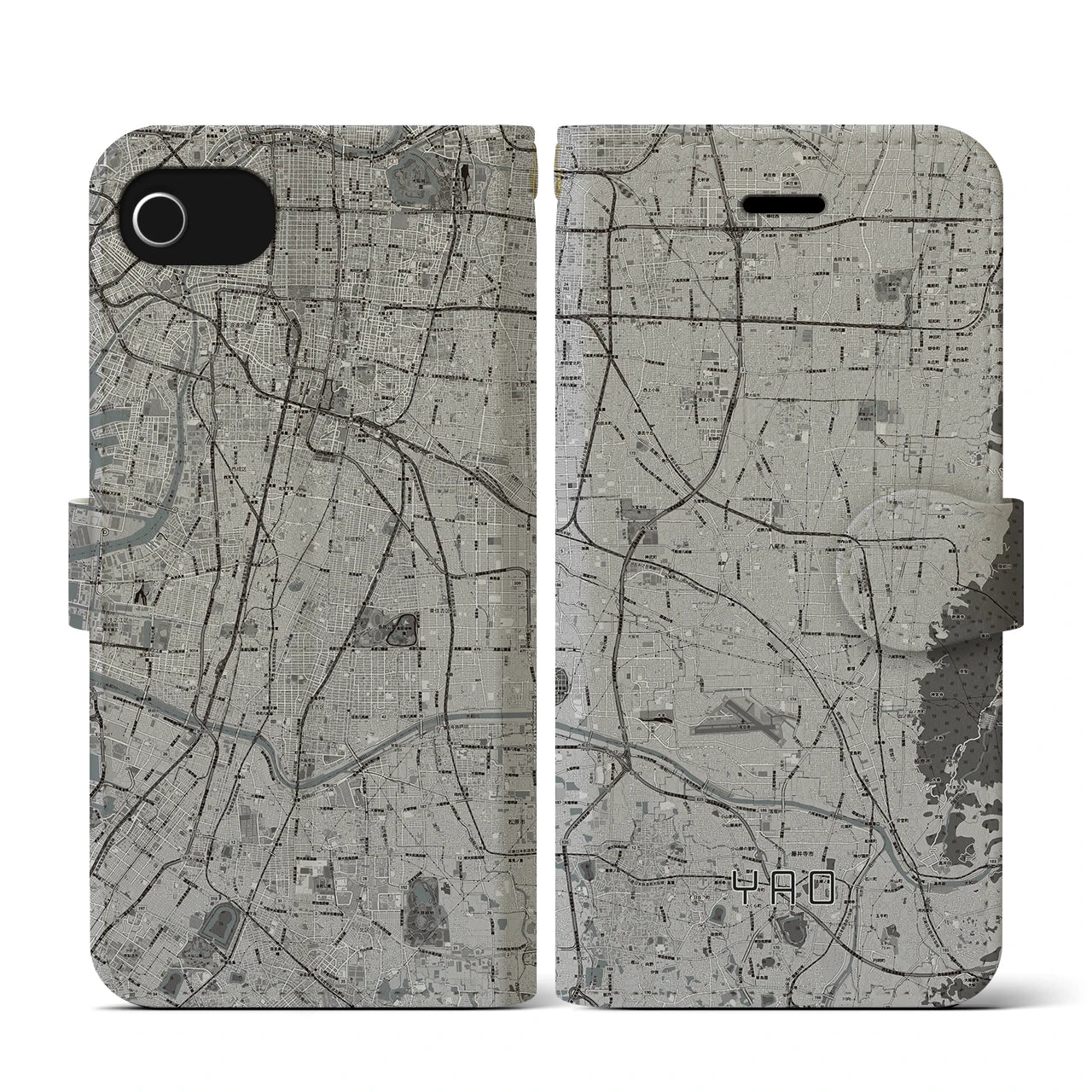 【八尾(大阪府)】地図柄iPhoneケース(手帳タイプ)モノトーン・iPhone SE(第3 / 第2世代) / 8 / 7 / 6s / 6 用