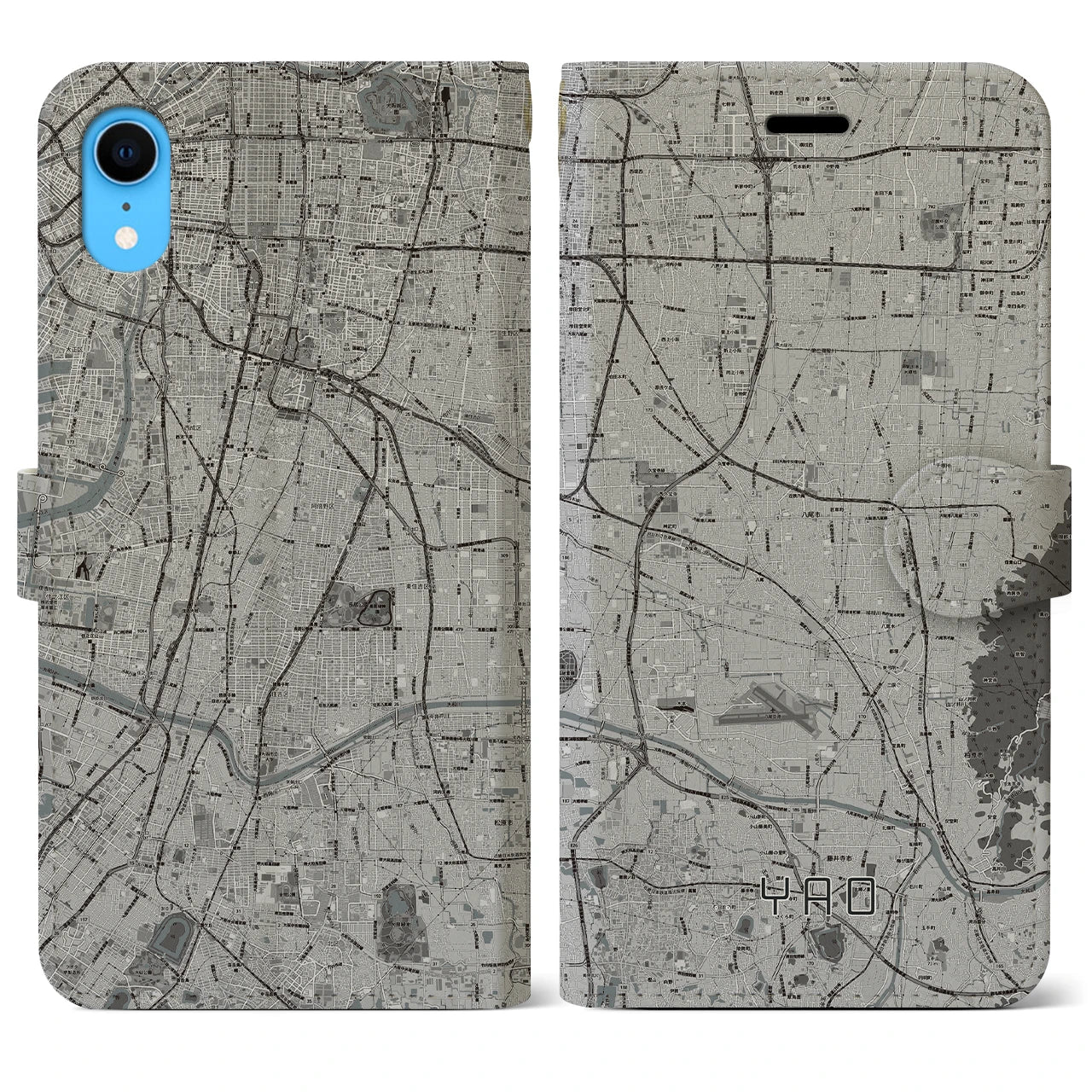 【八尾(大阪府)】地図柄iPhoneケース(手帳タイプ)モノトーン・iPhone XR 用