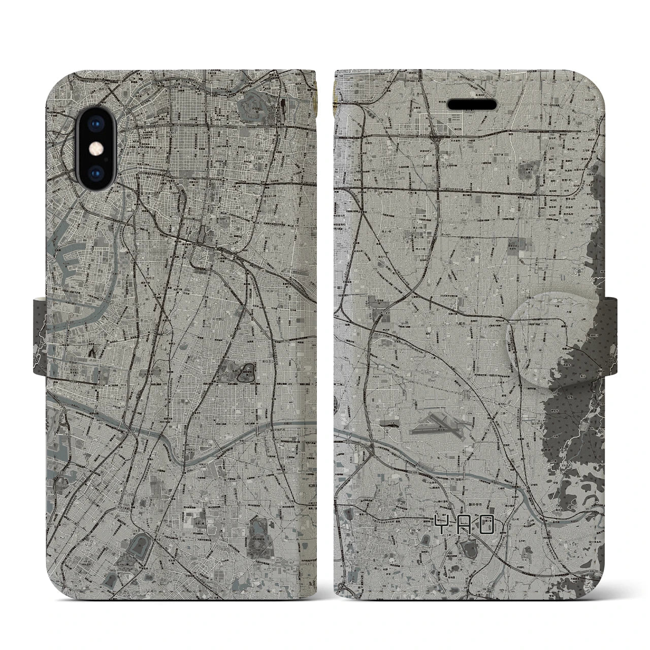 【八尾(大阪府)】地図柄iPhoneケース(手帳タイプ)モノトーン・iPhone XS / X 用