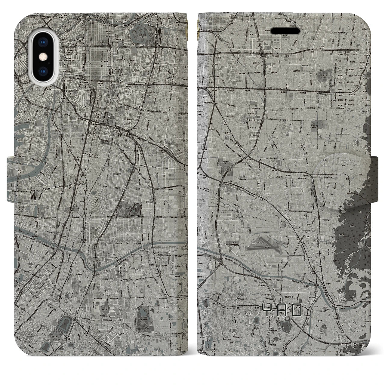 【八尾(大阪府)】地図柄iPhoneケース(手帳タイプ)モノトーン・iPhone XS Max 用