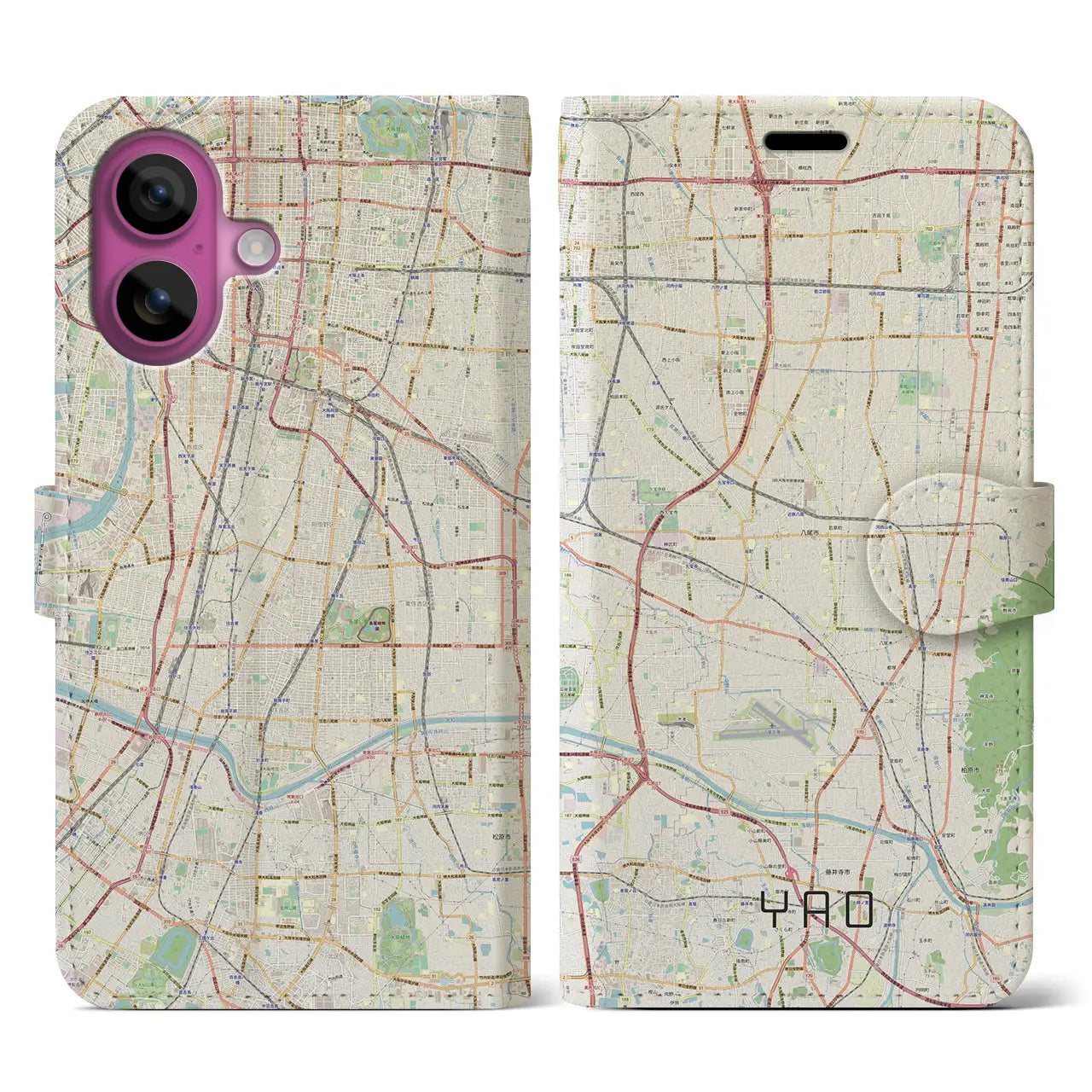【八尾(大阪府)】地図柄iPhoneケース(手帳タイプ)ナチュラル・iPhone 16 Pro 用