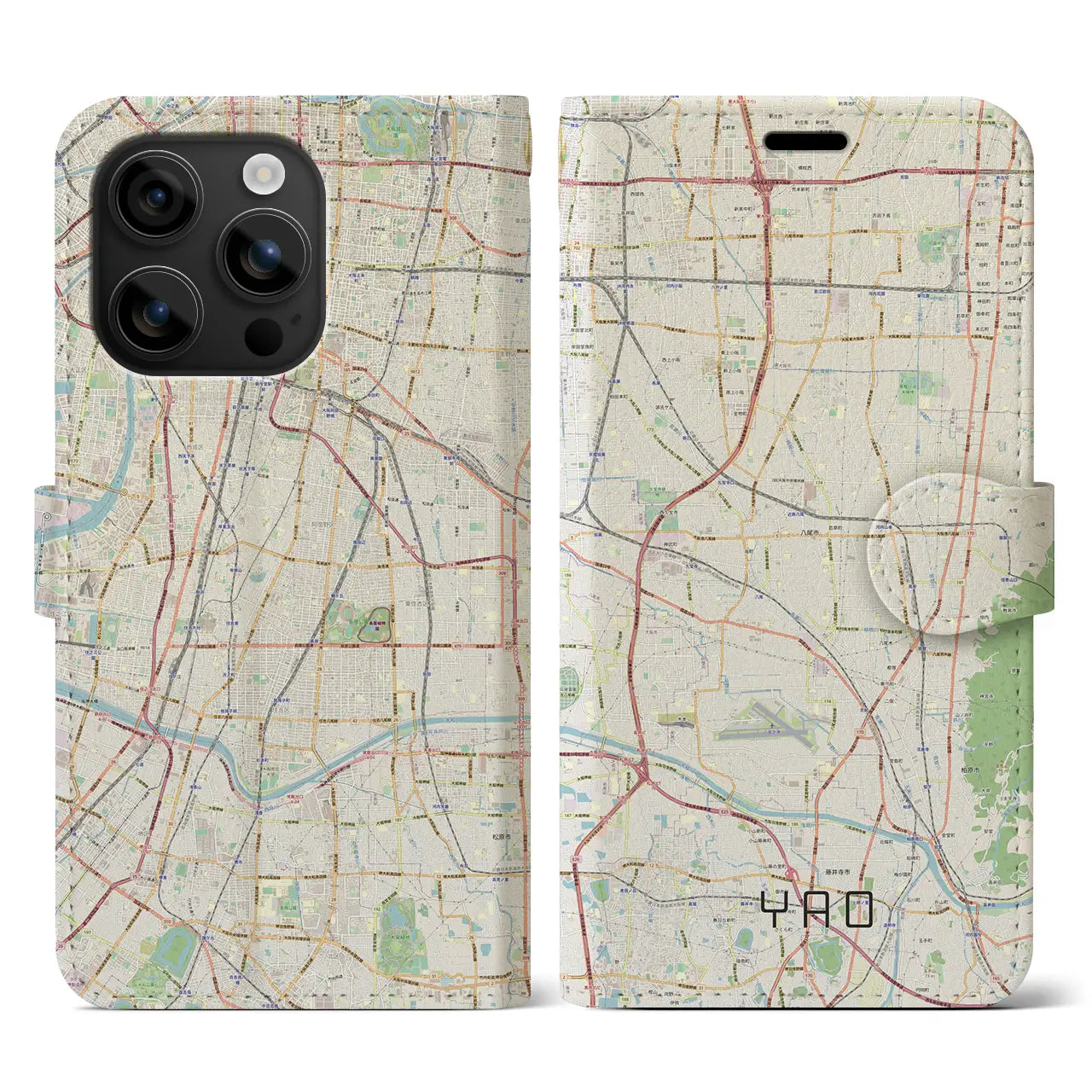 【八尾(大阪府)】地図柄iPhoneケース(手帳タイプ)ナチュラル・iPhone 16 用