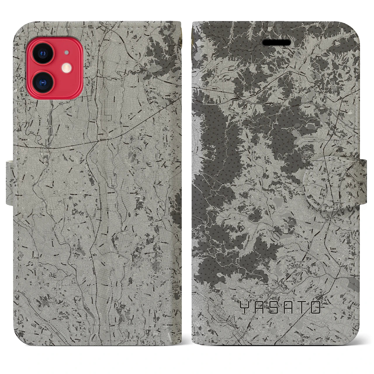 【八郷(茨城県)】地図柄iPhoneケース(手帳タイプ)モノトーン・iPhone 11 用