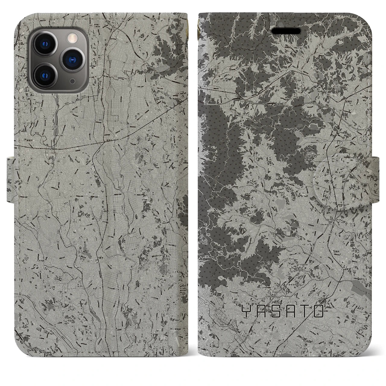 【八郷(茨城県)】地図柄iPhoneケース(手帳タイプ)モノトーン・iPhone 11 Pro Max 用