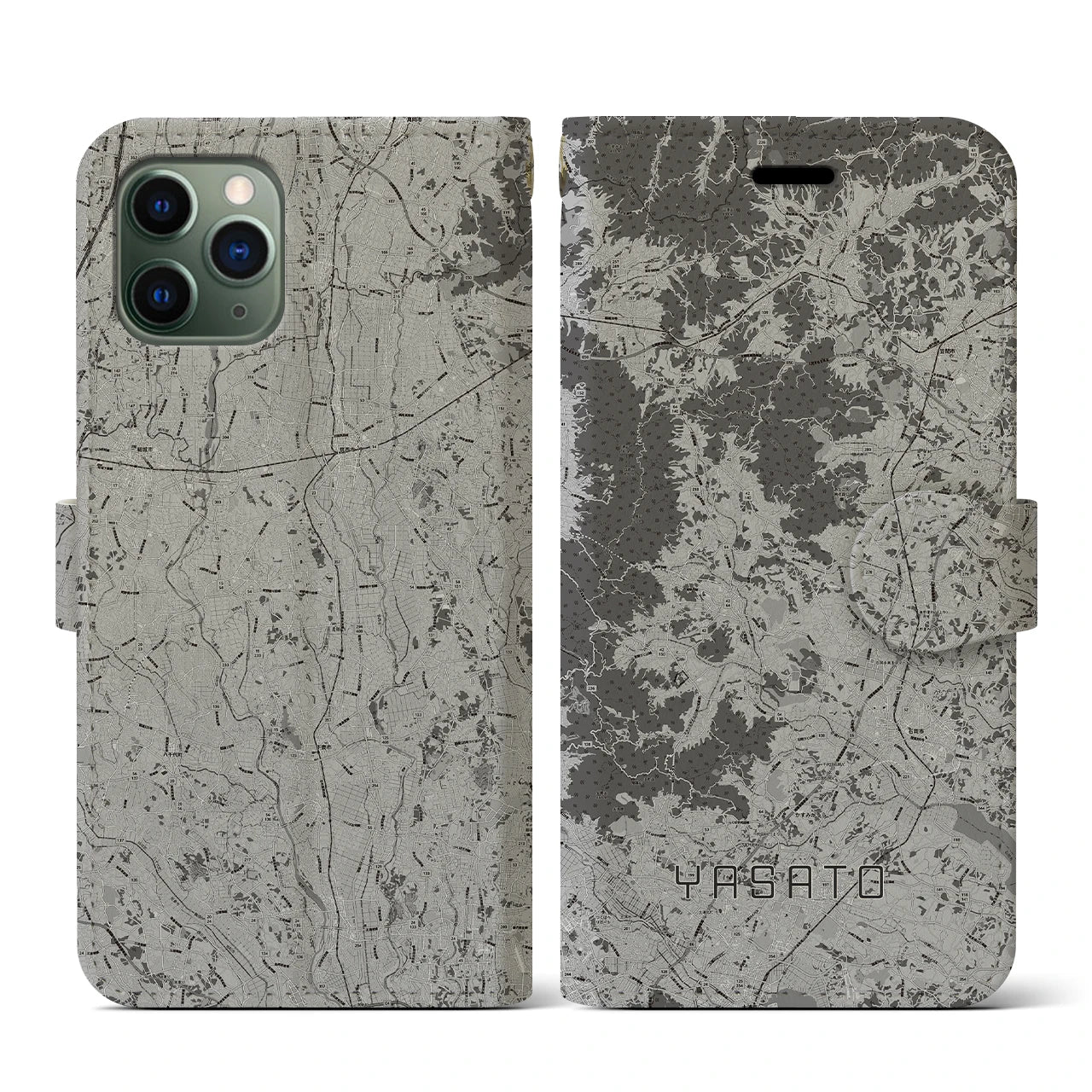 【八郷(茨城県)】地図柄iPhoneケース(手帳タイプ)モノトーン・iPhone 11 Pro 用