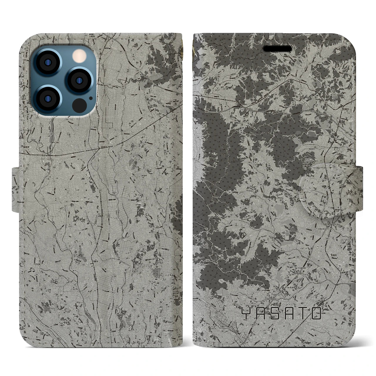 【八郷(茨城県)】地図柄iPhoneケース(手帳タイプ)モノトーン・iPhone 12 / 12 Pro 用