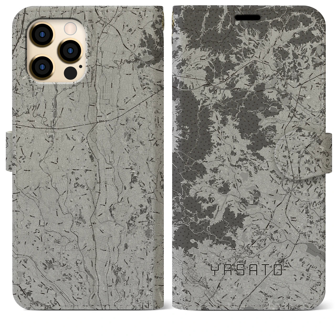 【八郷(茨城県)】地図柄iPhoneケース(手帳タイプ)モノトーン・iPhone 12 Pro Max 用