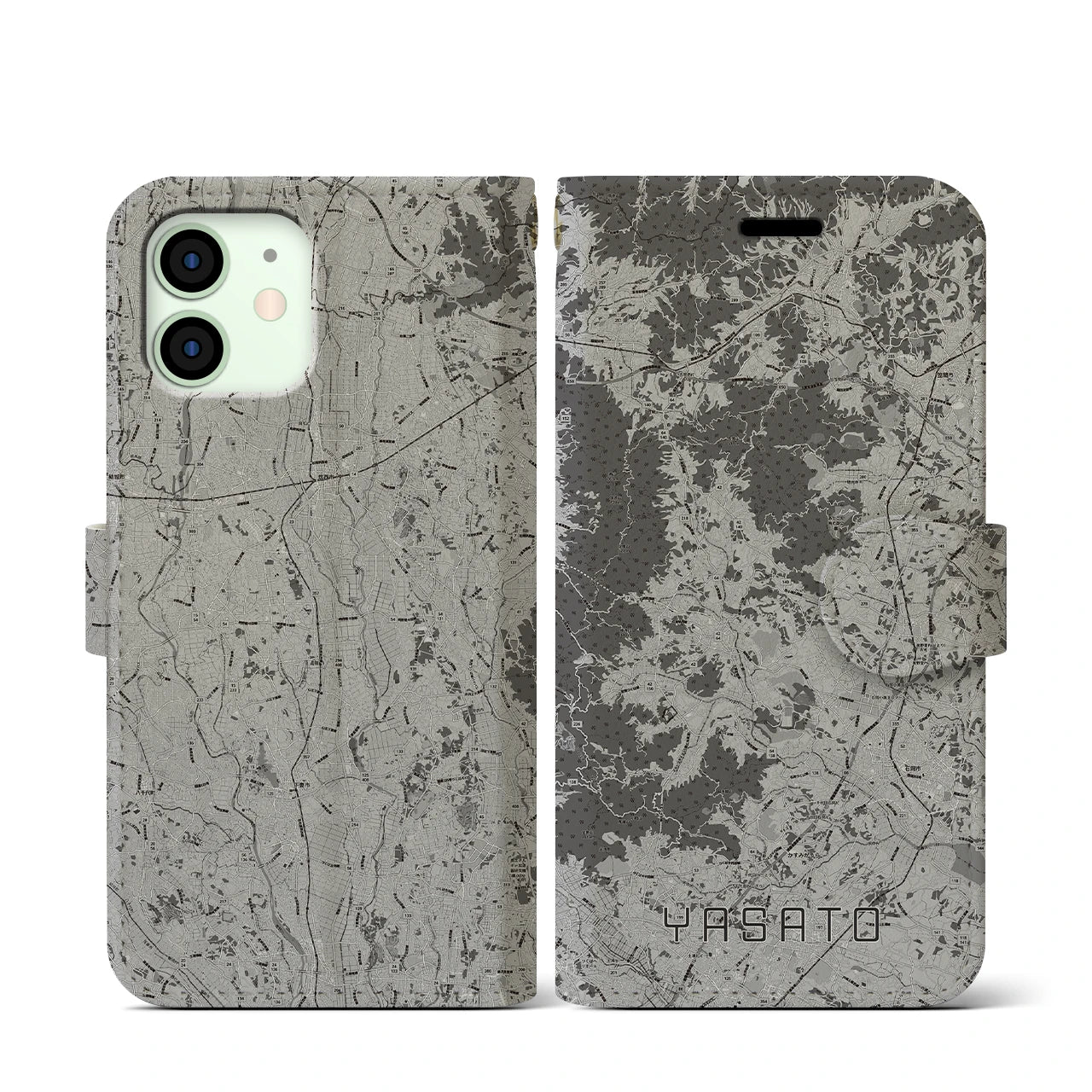 【八郷(茨城県)】地図柄iPhoneケース(手帳タイプ)モノトーン・iPhone 12 mini 用