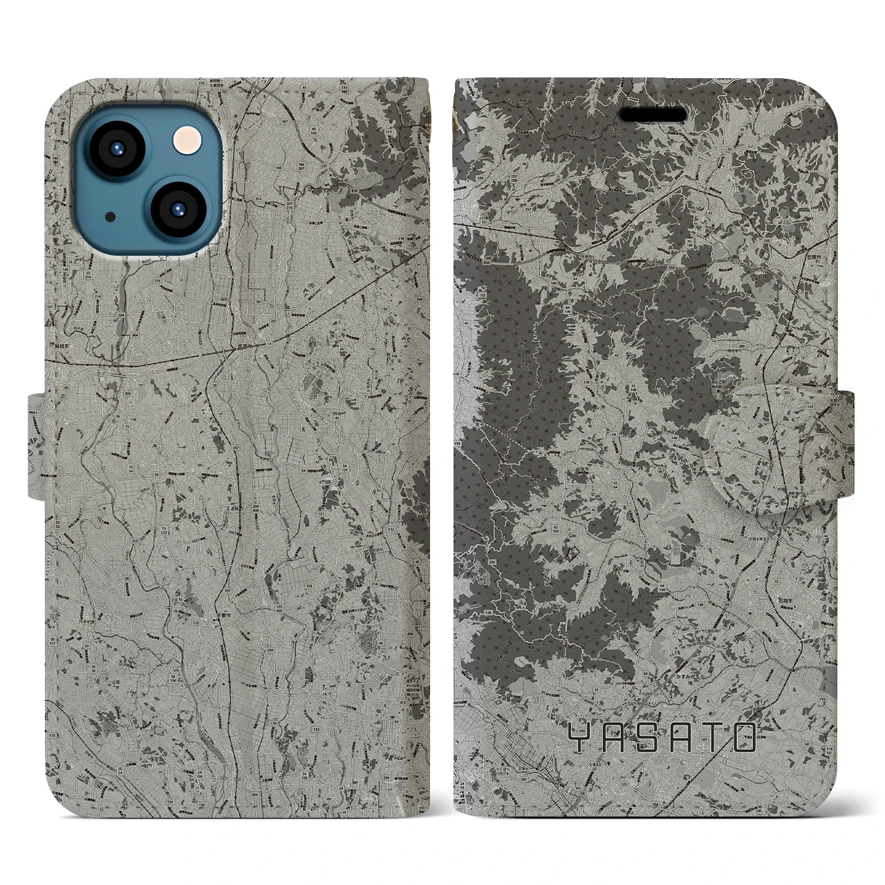 【八郷(茨城県)】地図柄iPhoneケース(手帳タイプ)モノトーン・iPhone 13 用