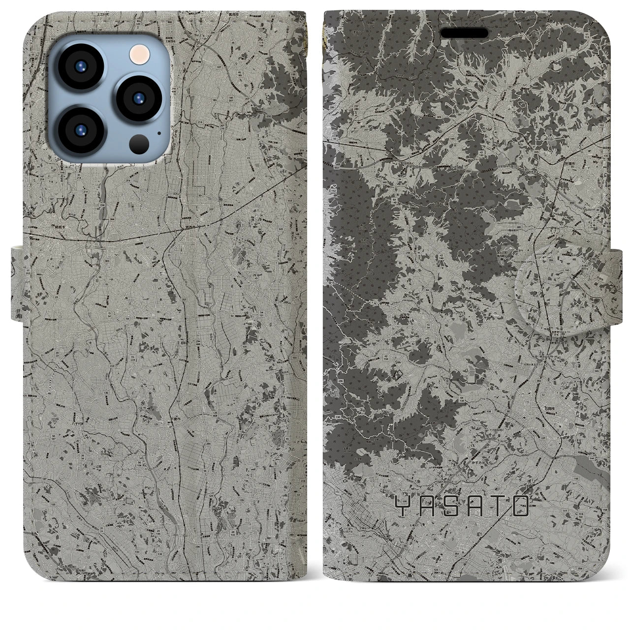 【八郷(茨城県)】地図柄iPhoneケース(手帳タイプ)モノトーン・iPhone 13 Pro Max 用