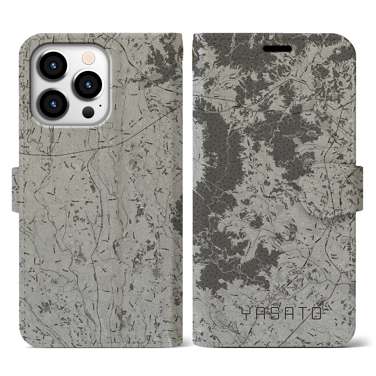 【八郷(茨城県)】地図柄iPhoneケース(手帳タイプ)モノトーン・iPhone 13 Pro 用