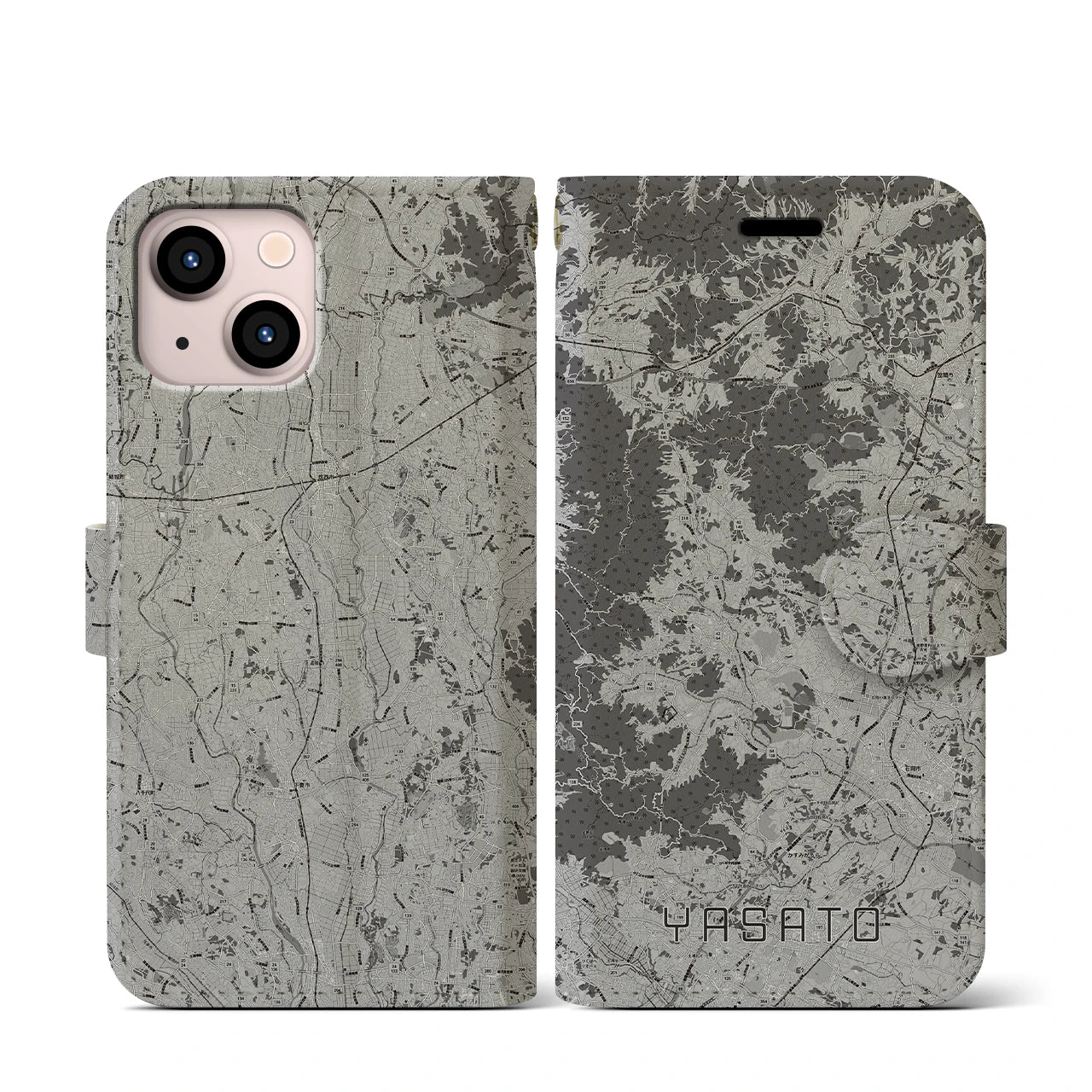【八郷(茨城県)】地図柄iPhoneケース(手帳タイプ)モノトーン・iPhone 13 mini 用