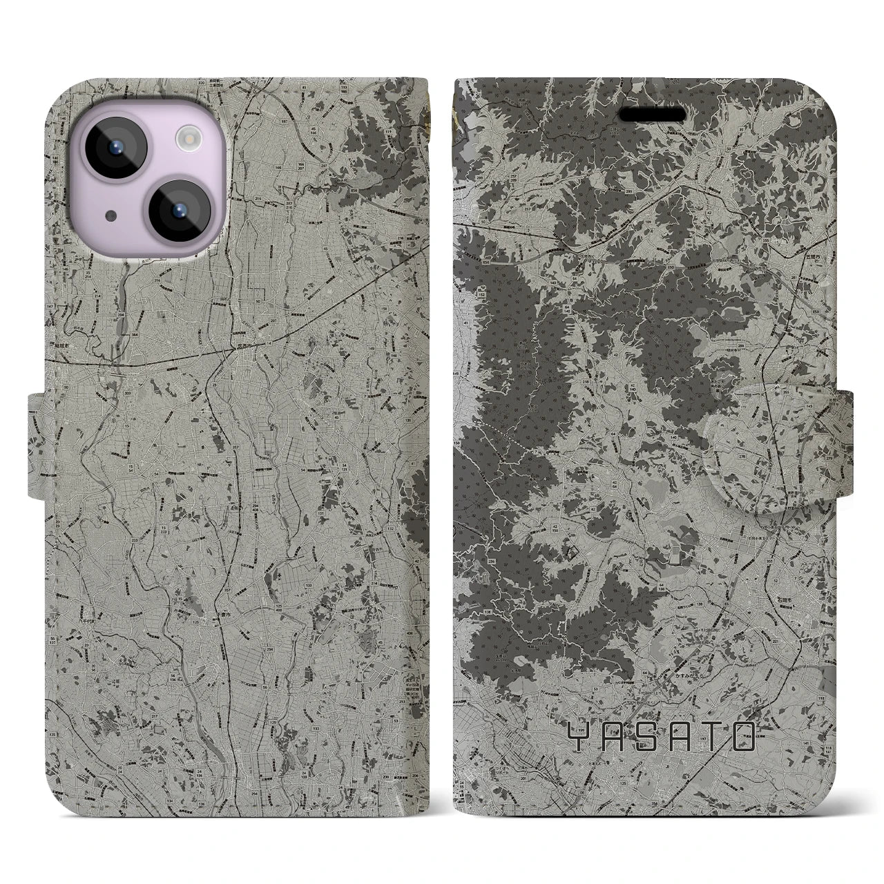【八郷(茨城県)】地図柄iPhoneケース(手帳タイプ)モノトーン・iPhone 14 用