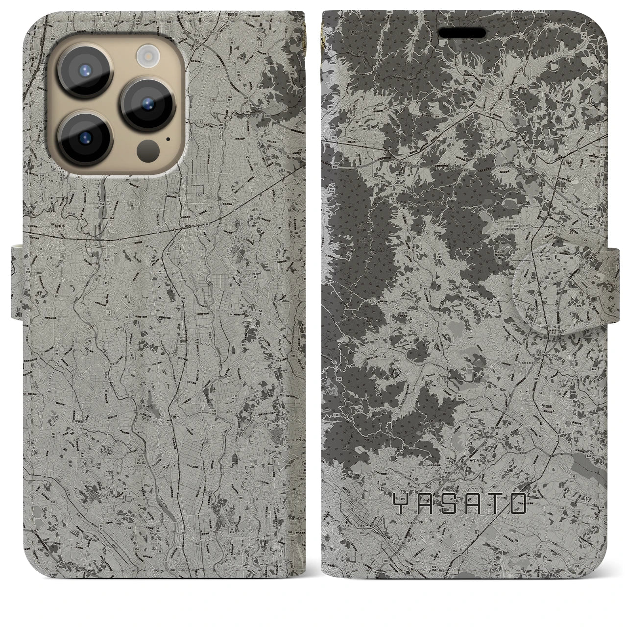 【八郷(茨城県)】地図柄iPhoneケース(手帳タイプ)モノトーン・iPhone 14 Pro Max 用