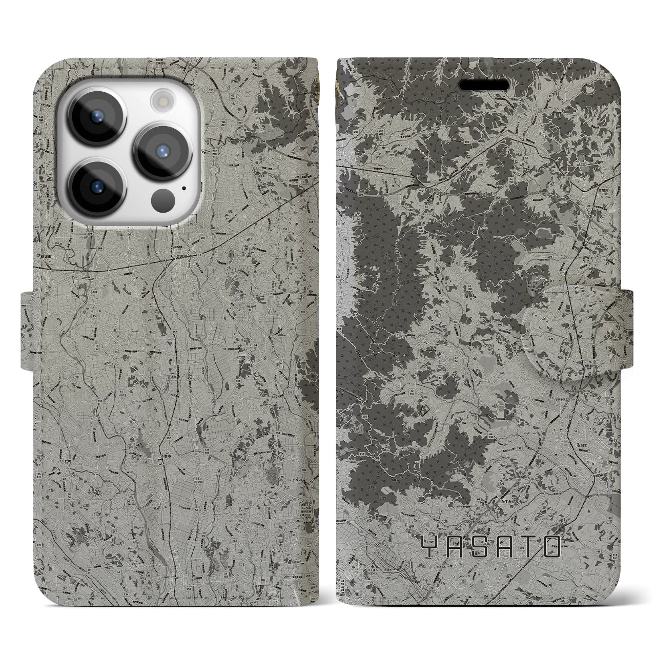【八郷(茨城県)】地図柄iPhoneケース(手帳タイプ)モノトーン・iPhone 14 Pro 用