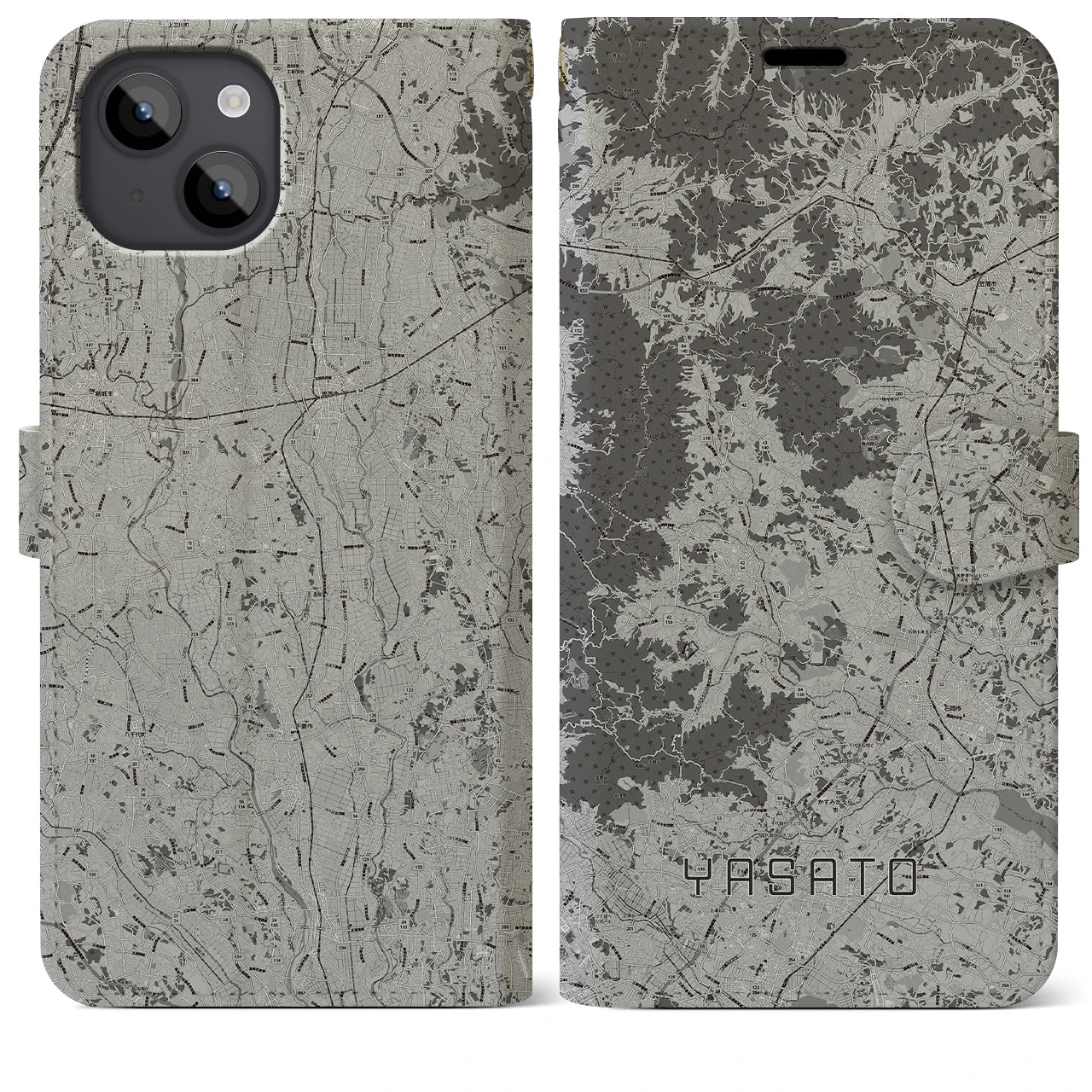 【八郷(茨城県)】地図柄iPhoneケース(手帳タイプ)モノトーン・iPhone 14 Plus 用