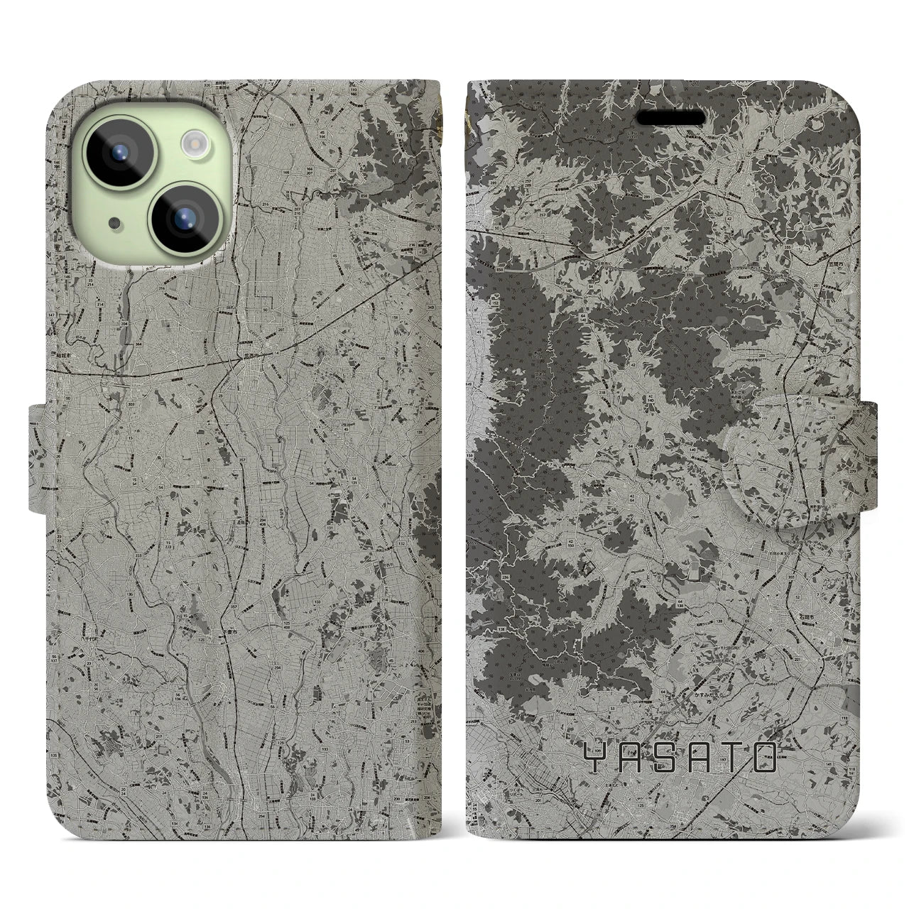【八郷(茨城県)】地図柄iPhoneケース(手帳タイプ)モノトーン・iPhone 15 用