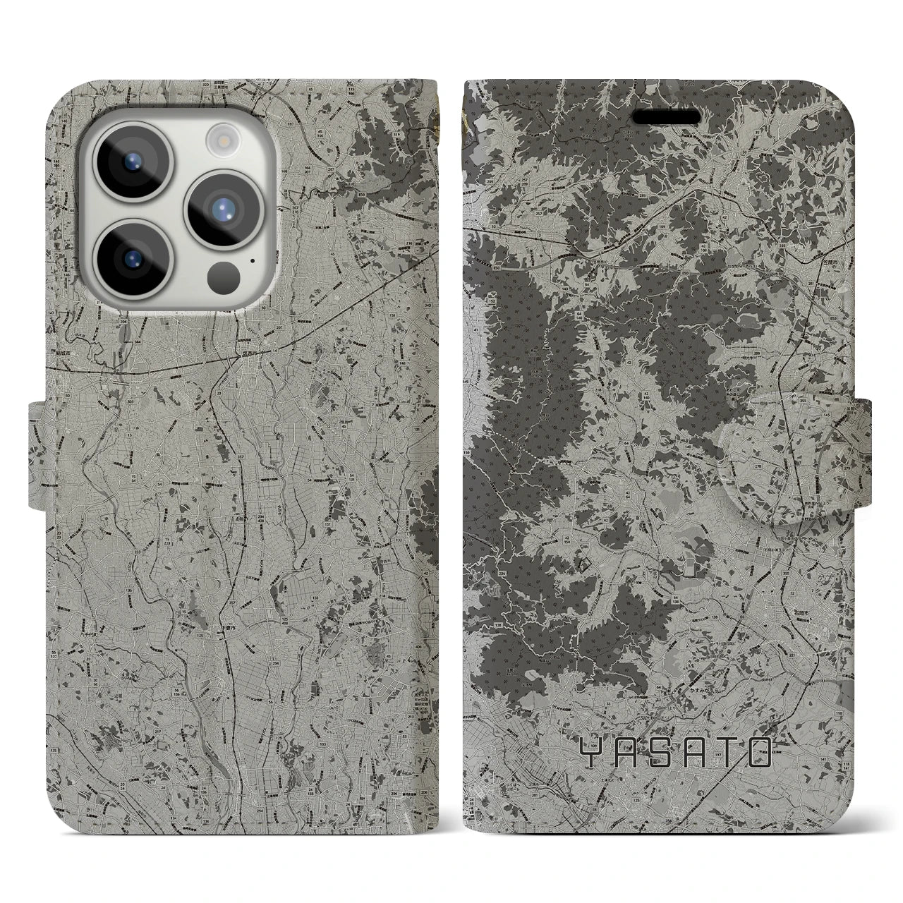 【八郷(茨城県)】地図柄iPhoneケース(手帳タイプ)モノトーン・iPhone 15 Pro 用