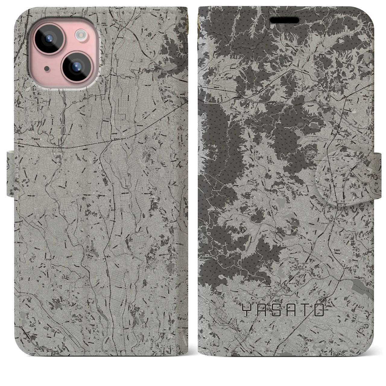 【八郷(茨城県)】地図柄iPhoneケース(手帳タイプ)モノトーン・iPhone 15 Plus 用