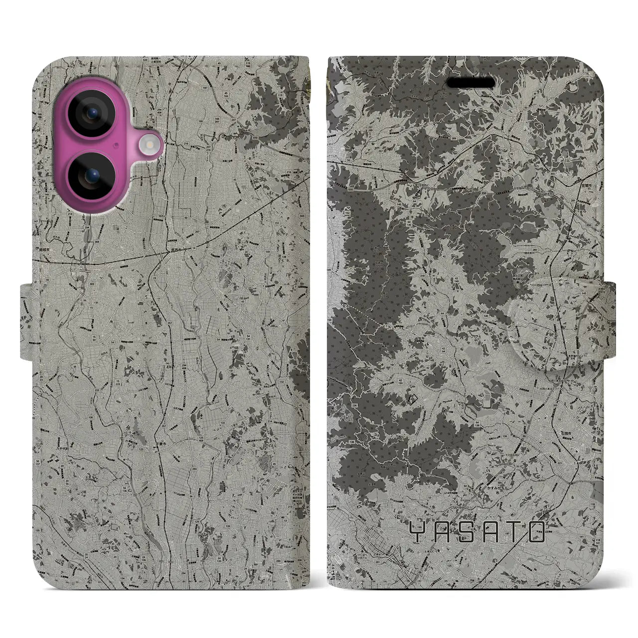 【八郷(茨城県)】地図柄iPhoneケース(手帳タイプ)モノトーン・iPhone 16 Pro 用