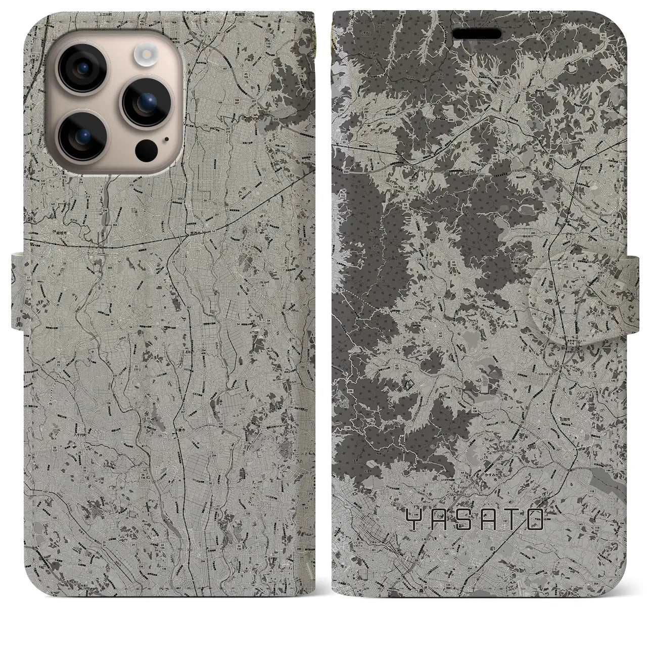 【八郷(茨城県)】地図柄iPhoneケース(手帳タイプ)モノトーン・iPhone 16 Plus 用
