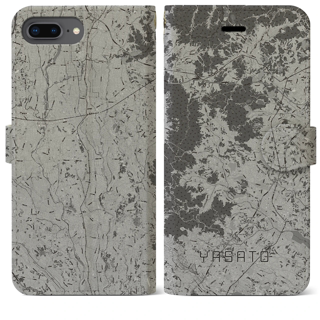 【八郷(茨城県)】地図柄iPhoneケース(手帳タイプ)モノトーン・iPhone 8Plus /7Plus / 6sPlus / 6Plus 用