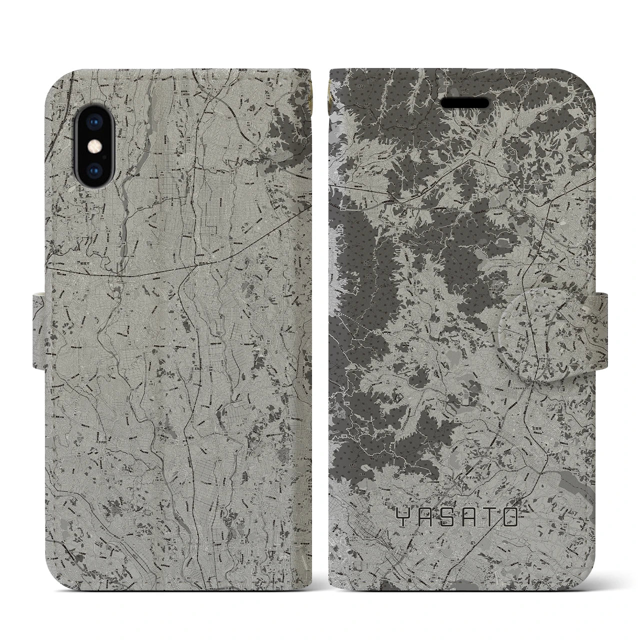 【八郷(茨城県)】地図柄iPhoneケース(手帳タイプ)モノトーン・iPhone XS / X 用