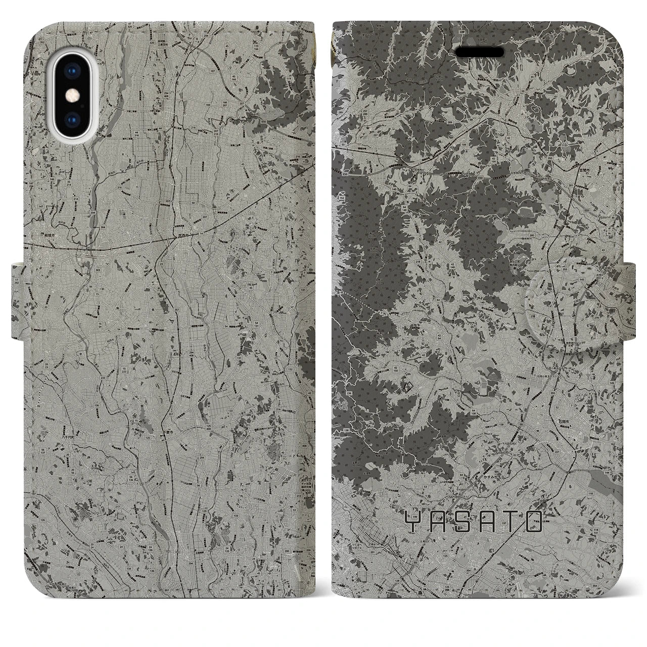 【八郷(茨城県)】地図柄iPhoneケース(手帳タイプ)モノトーン・iPhone XS Max 用