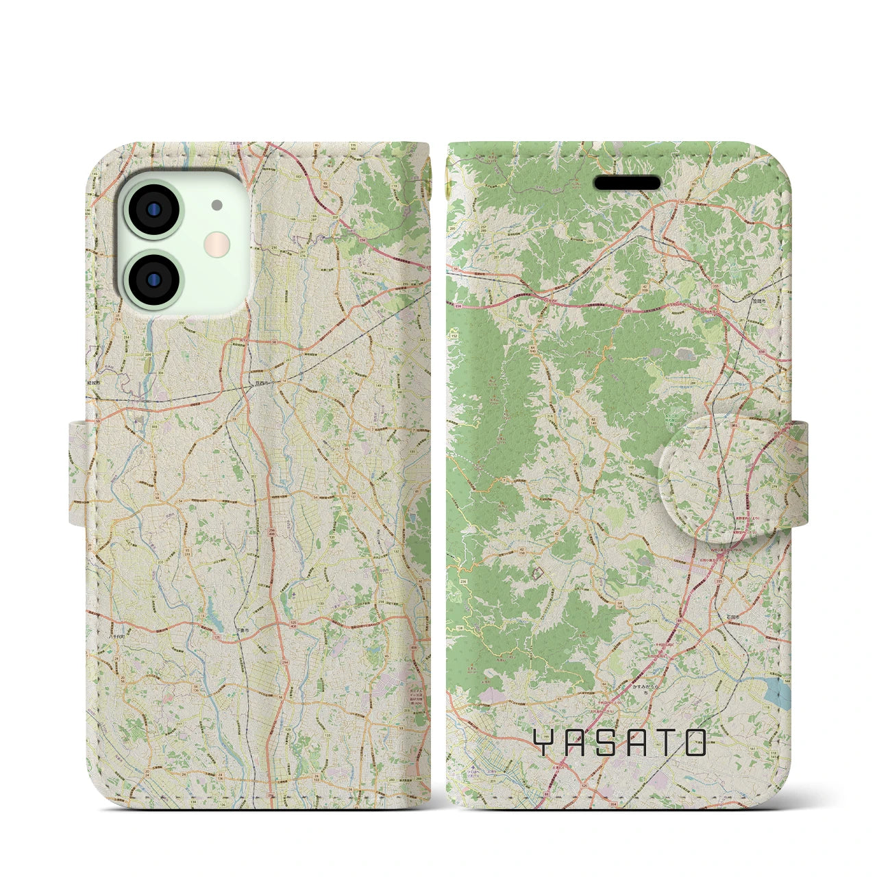 【八郷(茨城県)】地図柄iPhoneケース(手帳タイプ)ナチュラル・iPhone 12 mini 用