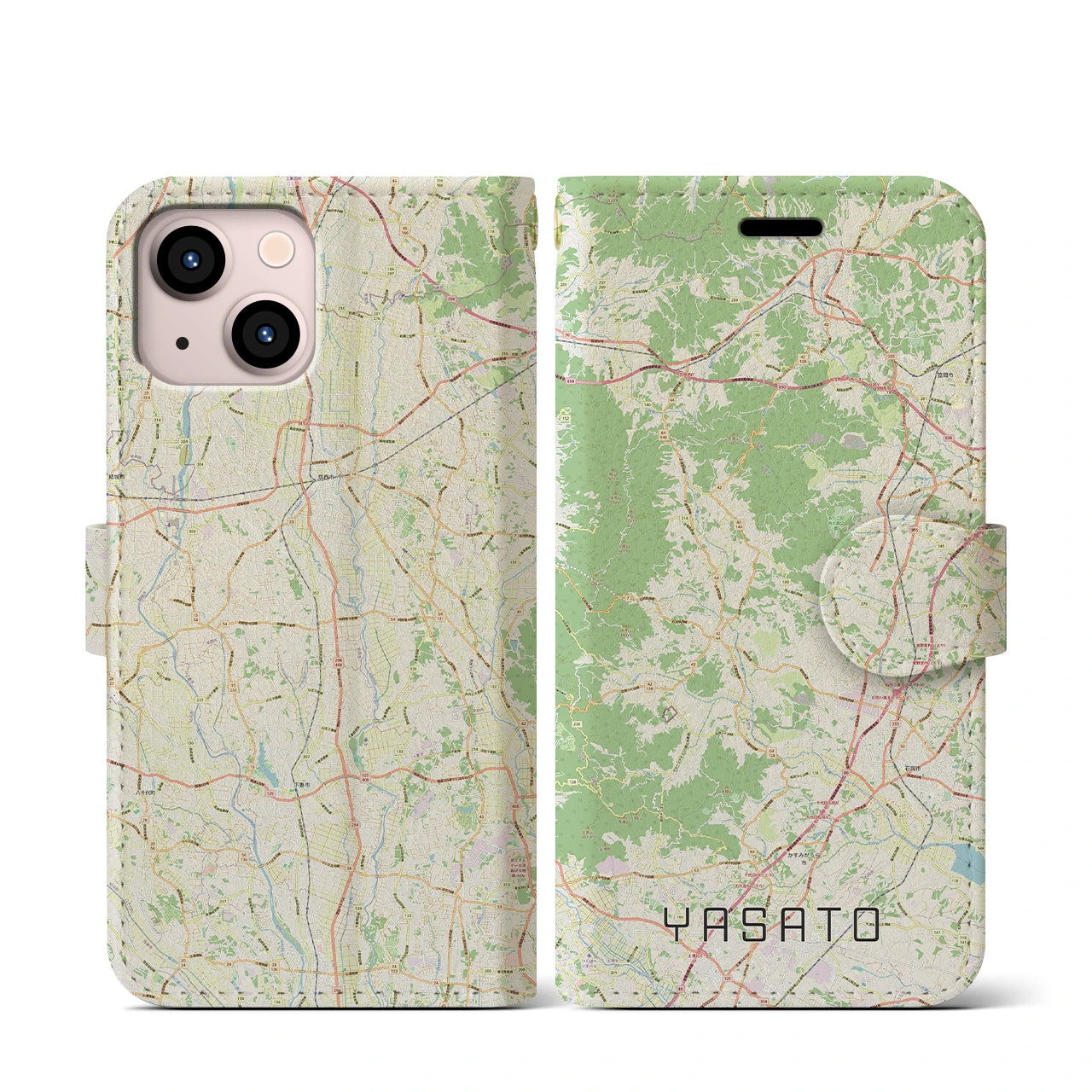 【八郷(茨城県)】地図柄iPhoneケース(手帳タイプ)ナチュラル・iPhone 13 mini 用