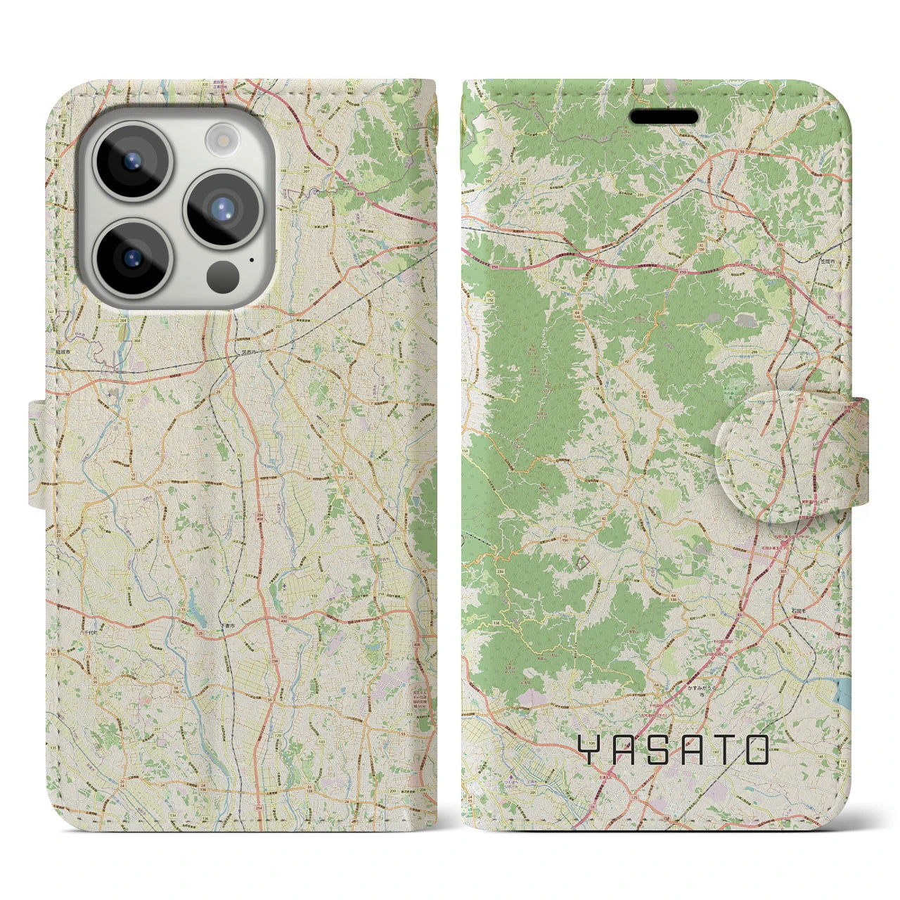 【八郷(茨城県)】地図柄iPhoneケース(手帳タイプ)ナチュラル・iPhone 15 Pro 用