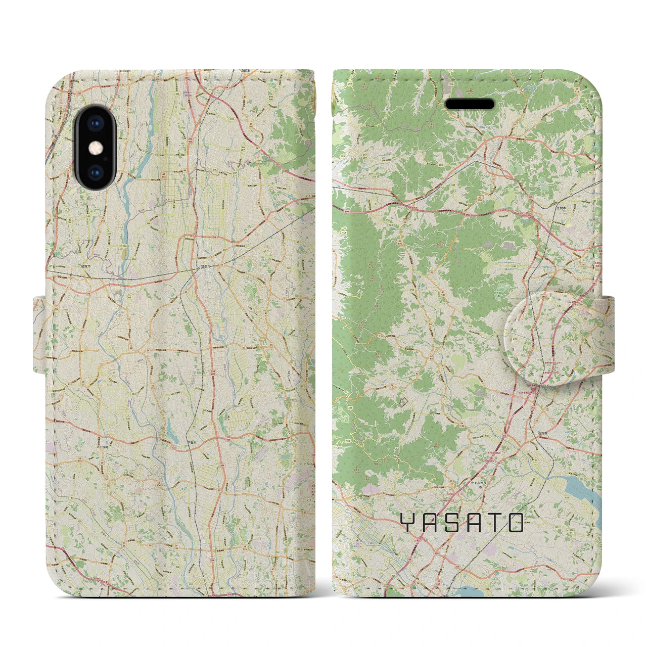 【八郷(茨城県)】地図柄iPhoneケース(手帳タイプ)ナチュラル・iPhone XS / X 用