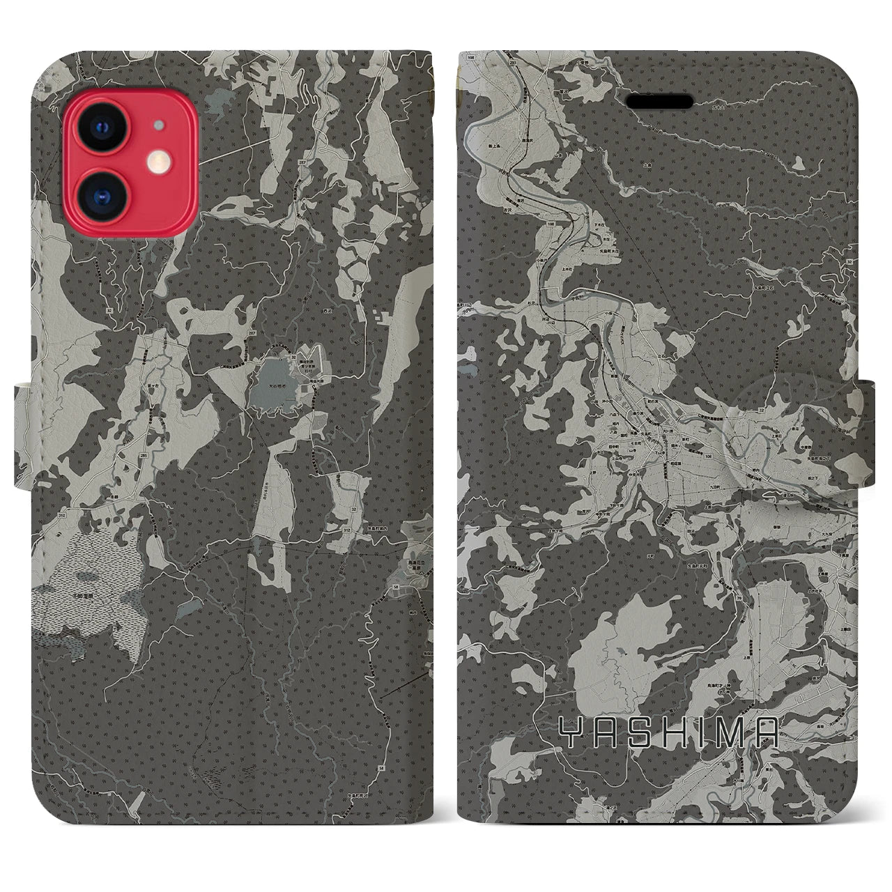 【矢島(秋田県)】地図柄iPhoneケース(手帳タイプ)モノトーン・iPhone 11 用