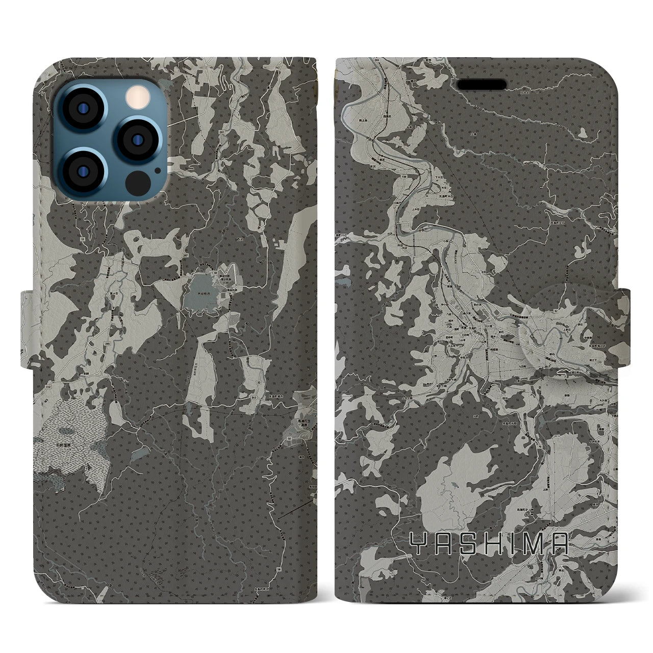 【矢島(秋田県)】地図柄iPhoneケース(手帳タイプ)モノトーン・iPhone 12 / 12 Pro 用