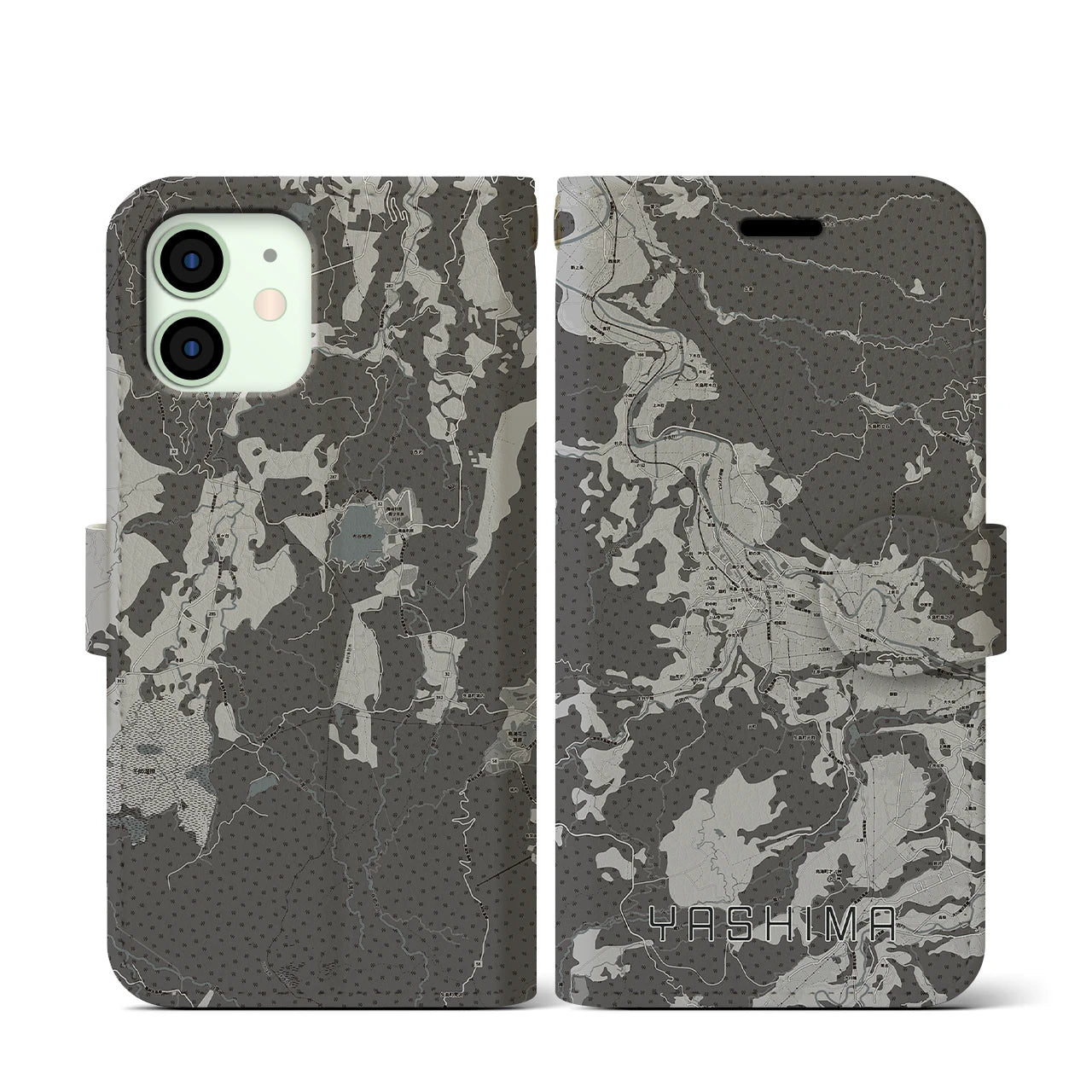 【矢島(秋田県)】地図柄iPhoneケース(手帳タイプ)モノトーン・iPhone 12 mini 用