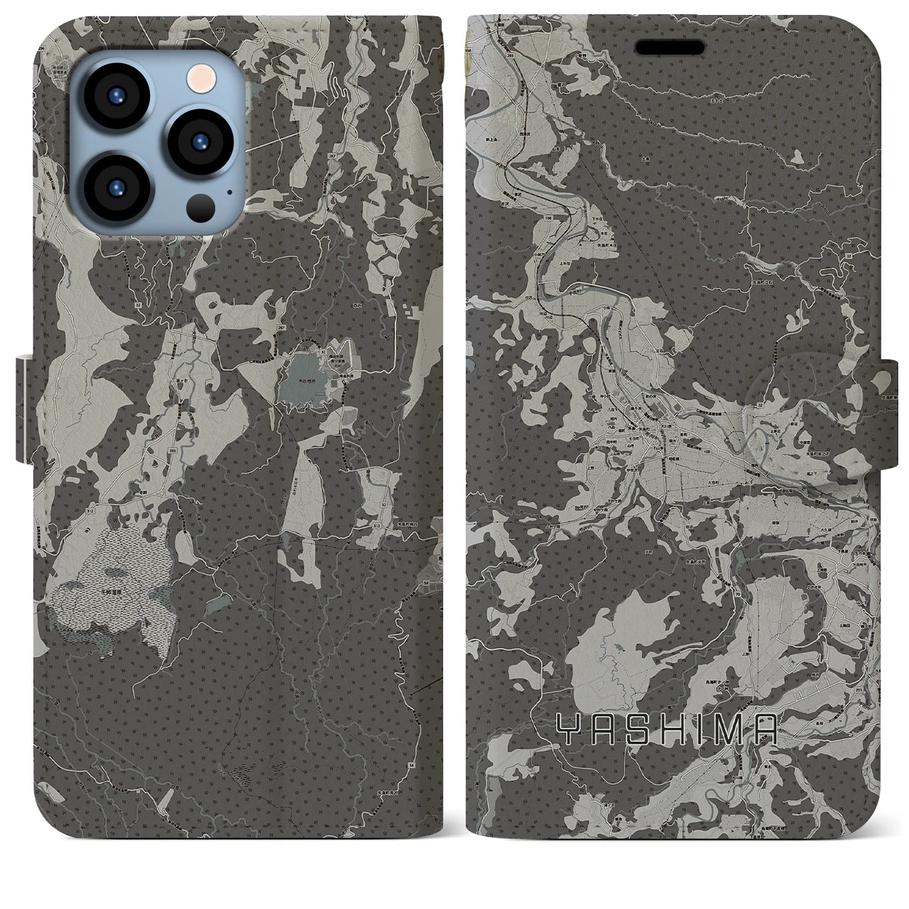 【矢島(秋田県)】地図柄iPhoneケース(手帳タイプ)モノトーン・iPhone 13 Pro Max 用