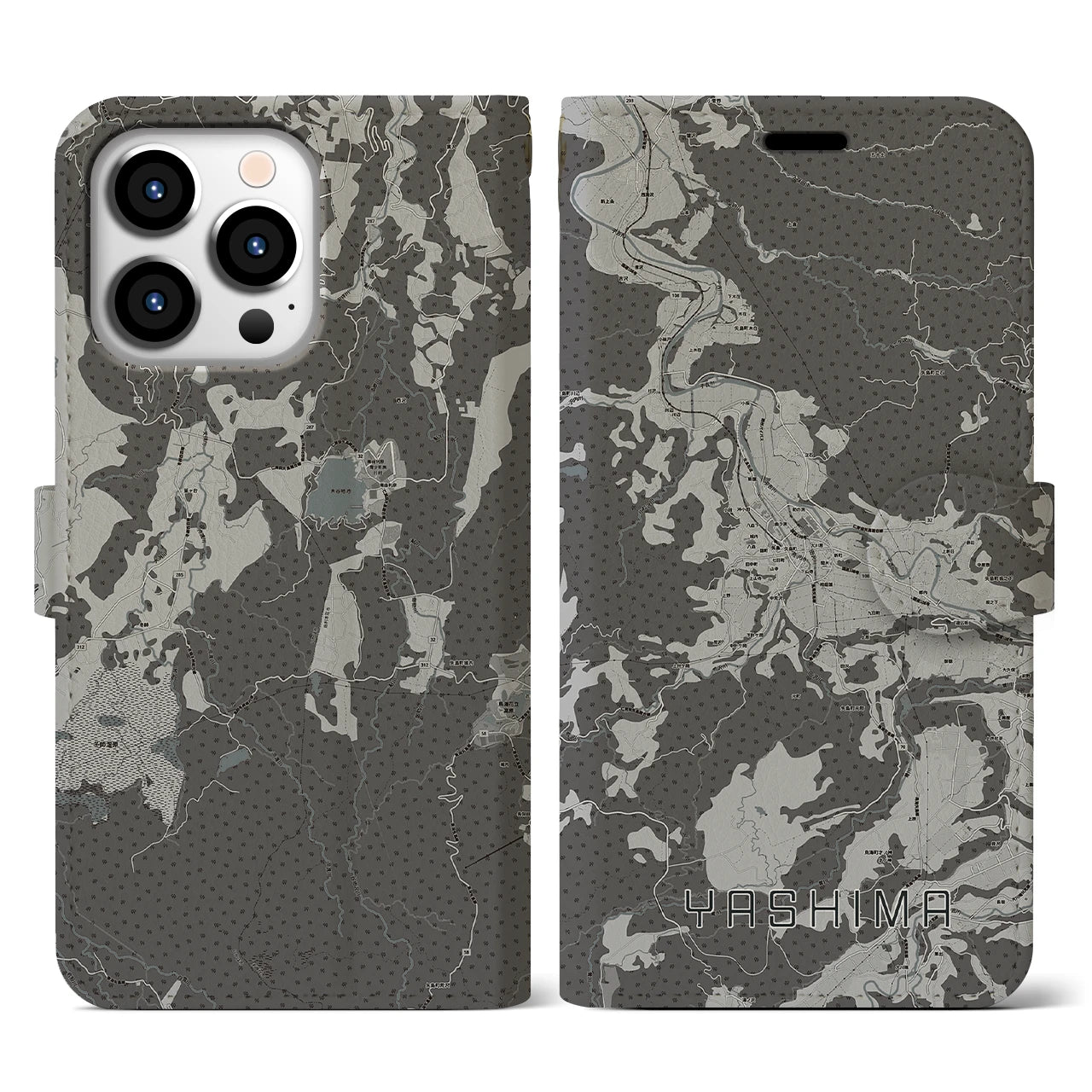 【矢島(秋田県)】地図柄iPhoneケース(手帳タイプ)モノトーン・iPhone 13 Pro 用