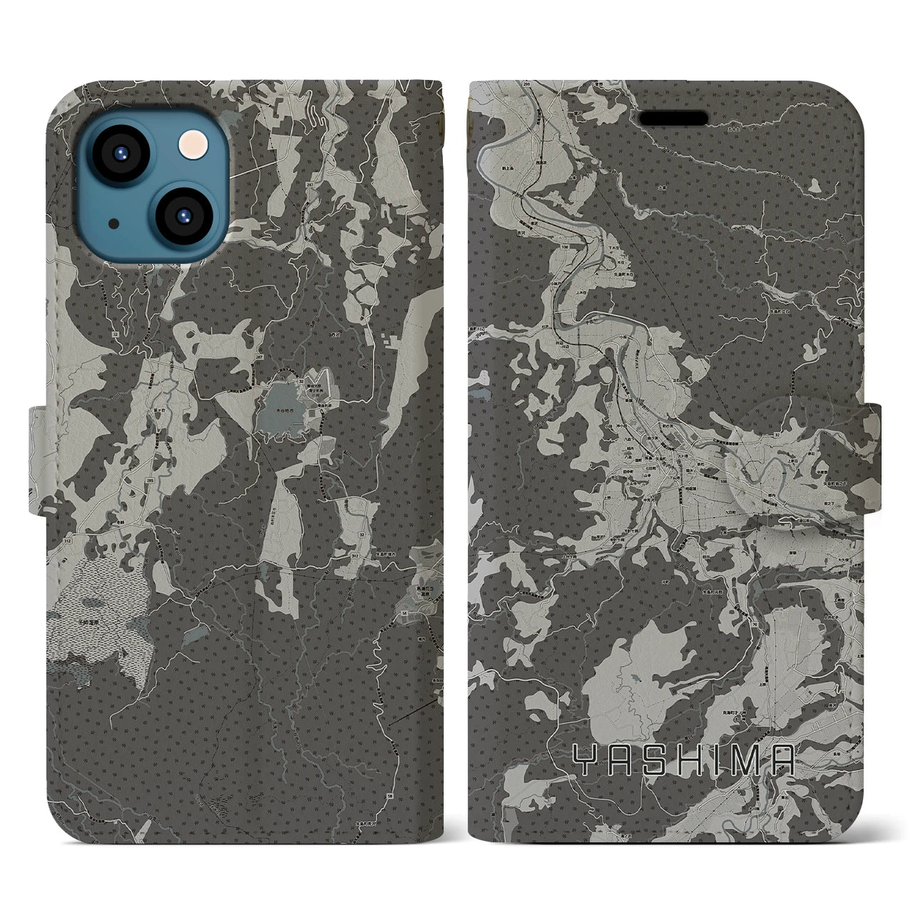 【矢島(秋田県)】地図柄iPhoneケース(手帳タイプ)モノトーン・iPhone 13 用