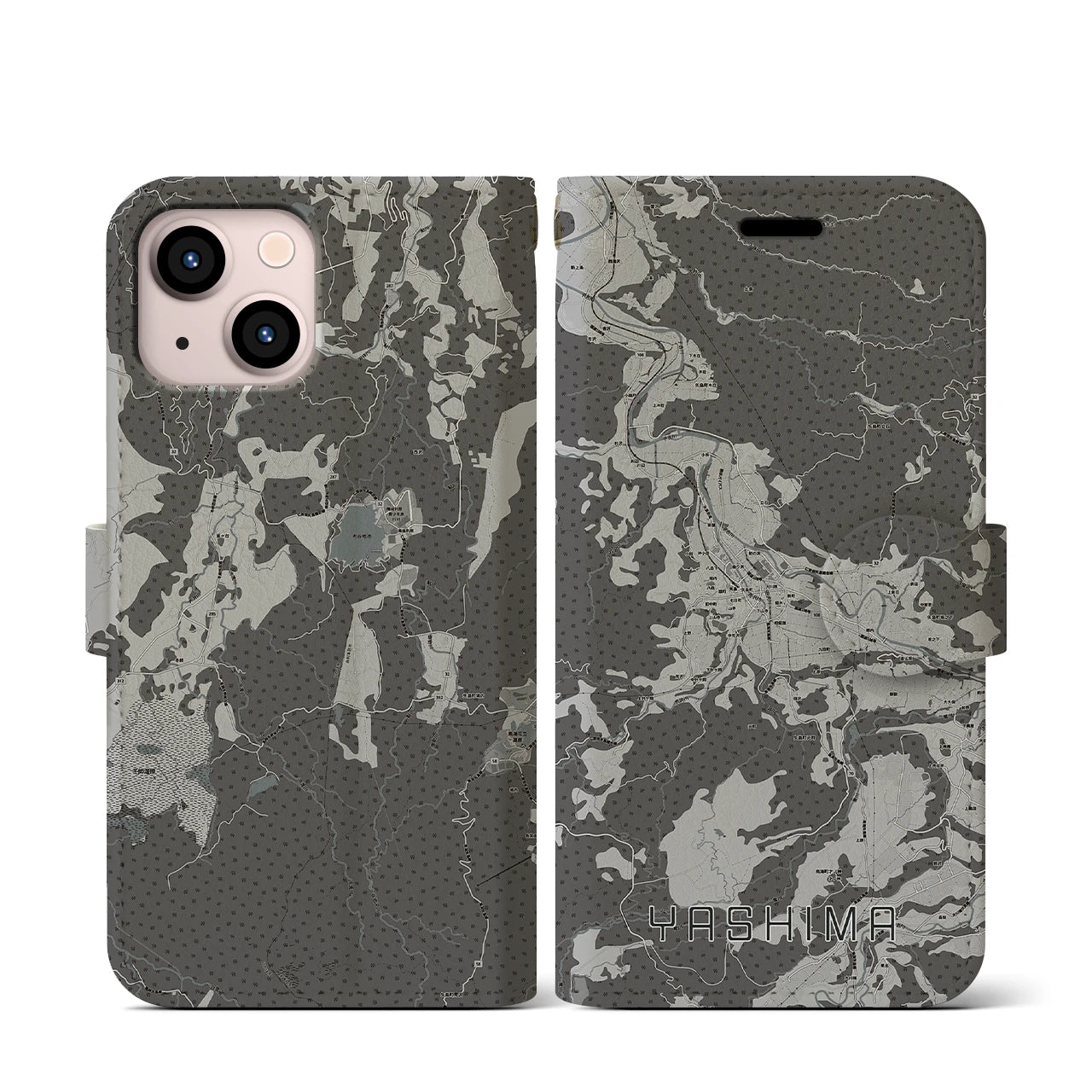 【矢島(秋田県)】地図柄iPhoneケース(手帳タイプ)モノトーン・iPhone 13 mini 用