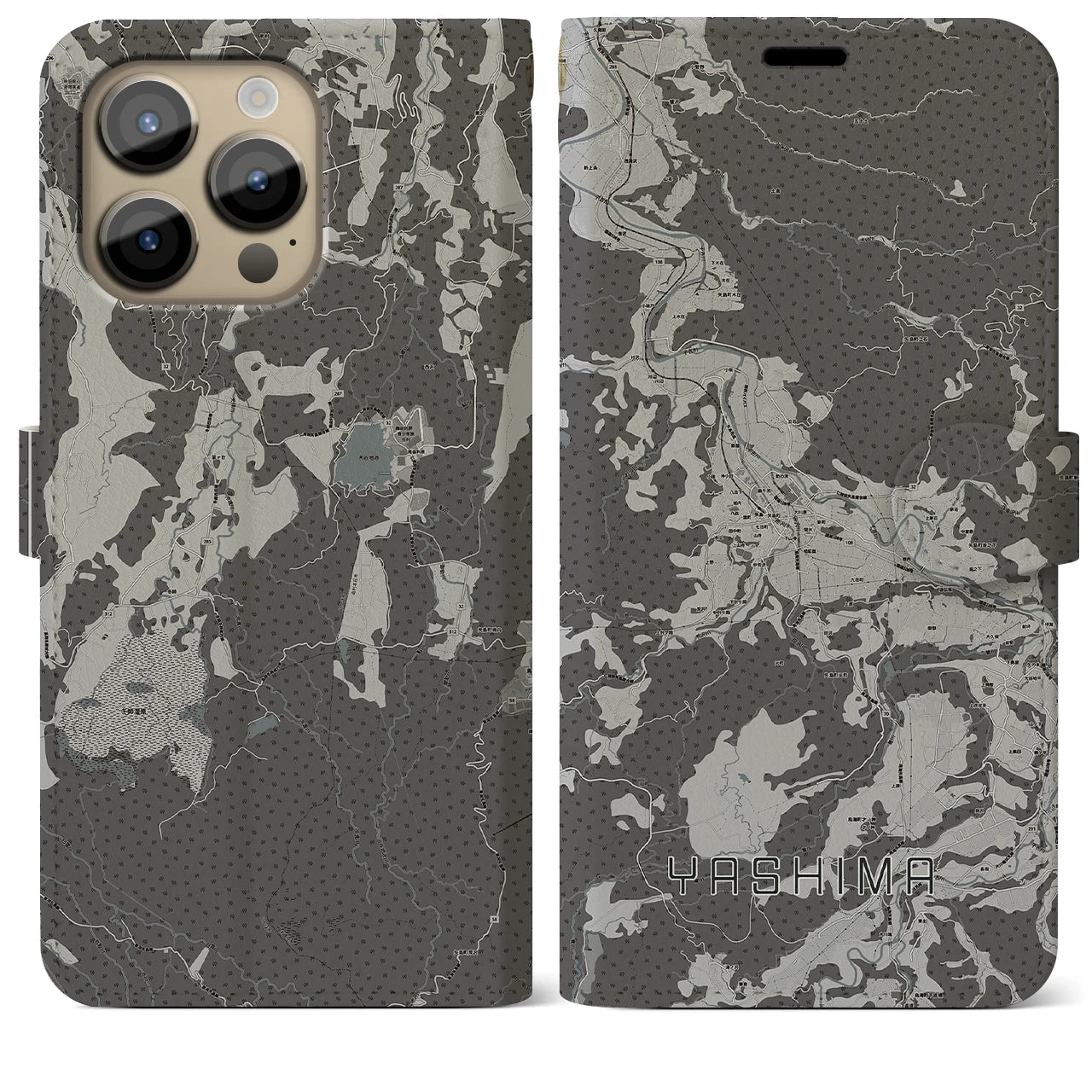 【矢島(秋田県)】地図柄iPhoneケース(手帳タイプ)モノトーン・iPhone 14 Pro Max 用
