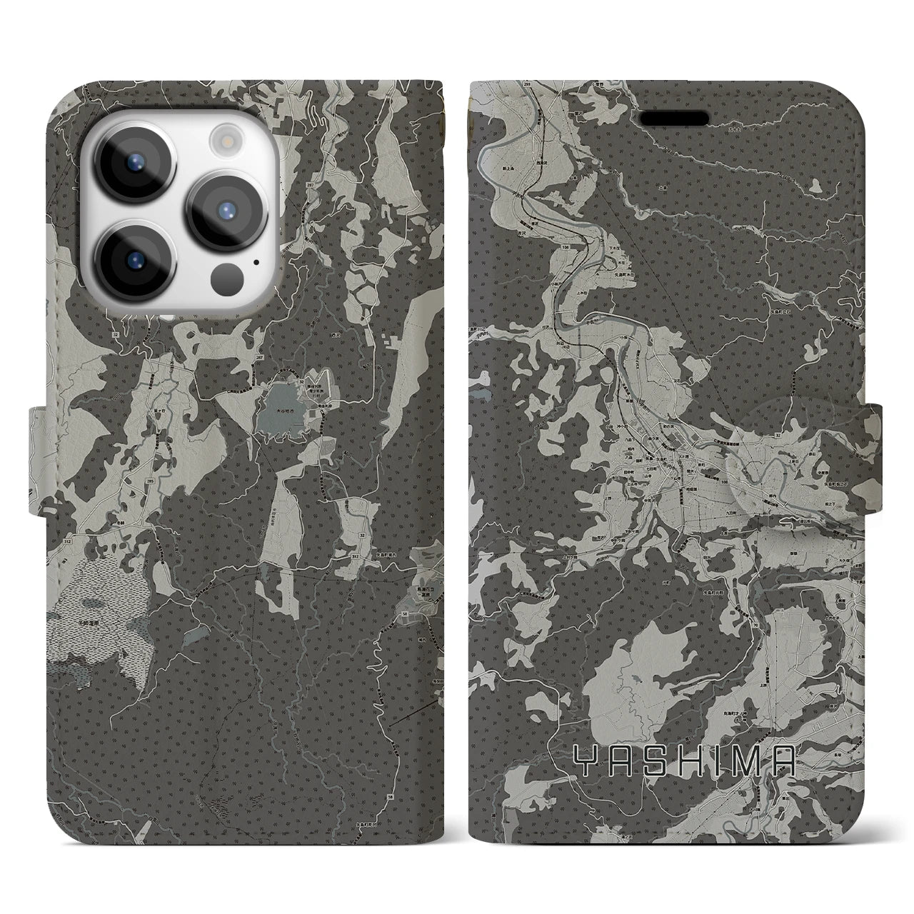 【矢島(秋田県)】地図柄iPhoneケース(手帳タイプ)モノトーン・iPhone 14 Pro 用