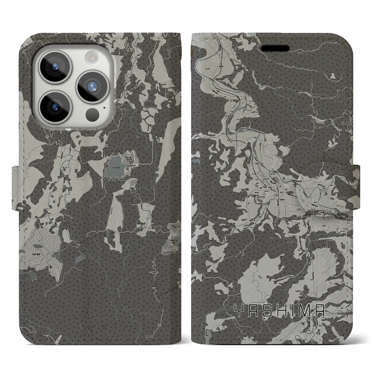 【矢島(秋田県)】地図柄iPhoneケース(手帳タイプ)モノトーン・iPhone 15 Pro 用