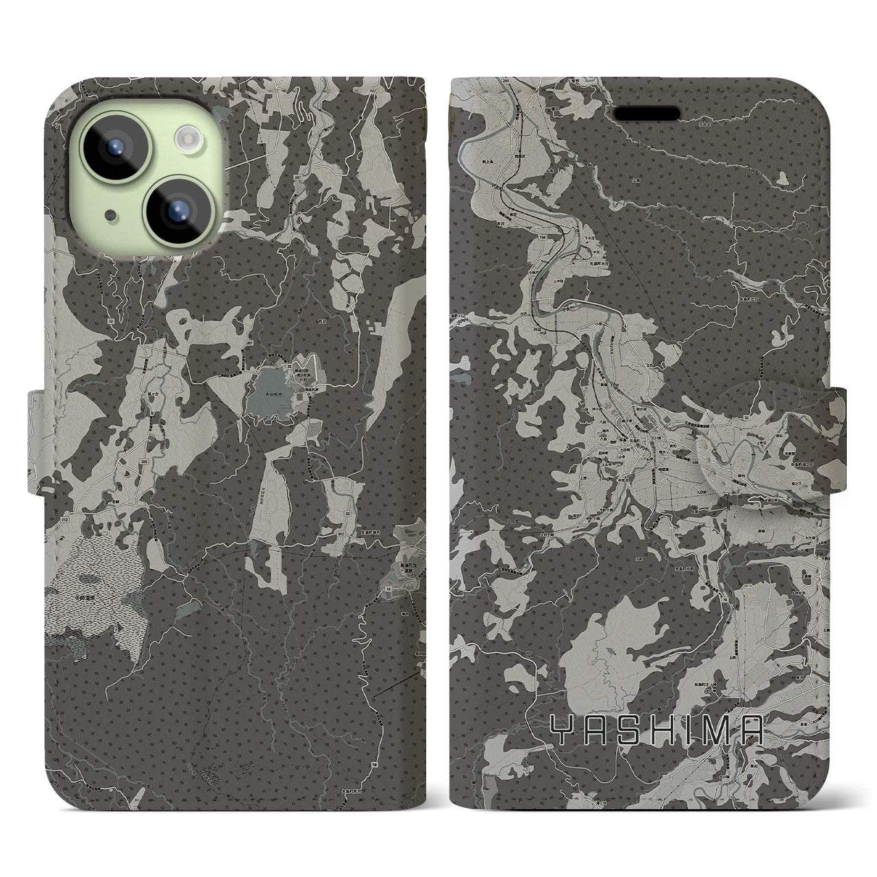【矢島(秋田県)】地図柄iPhoneケース(手帳タイプ)モノトーン・iPhone 15 用