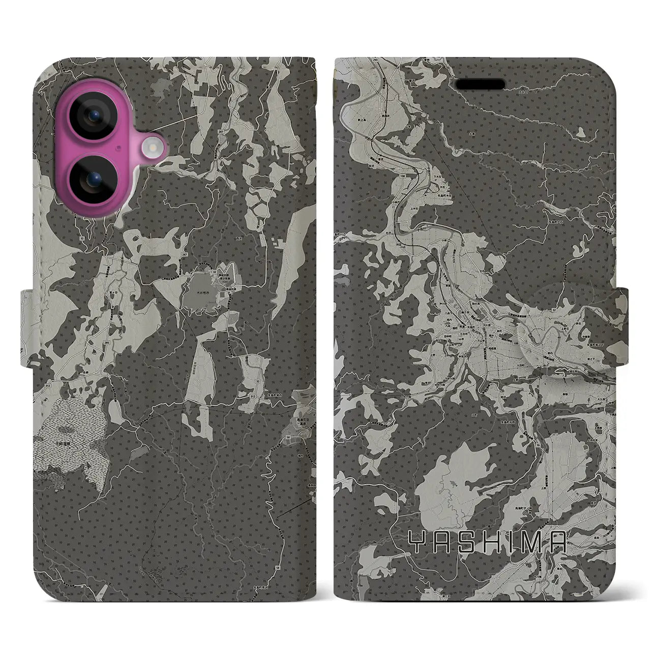 【矢島(秋田県)】地図柄iPhoneケース(手帳タイプ)モノトーン・iPhone 16 Pro 用