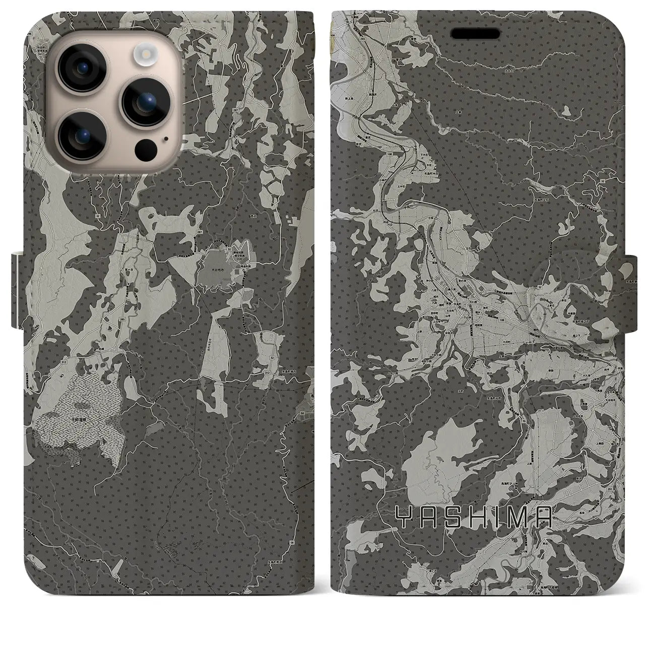 【矢島(秋田県)】地図柄iPhoneケース(手帳タイプ)モノトーン・iPhone 16 Plus 用