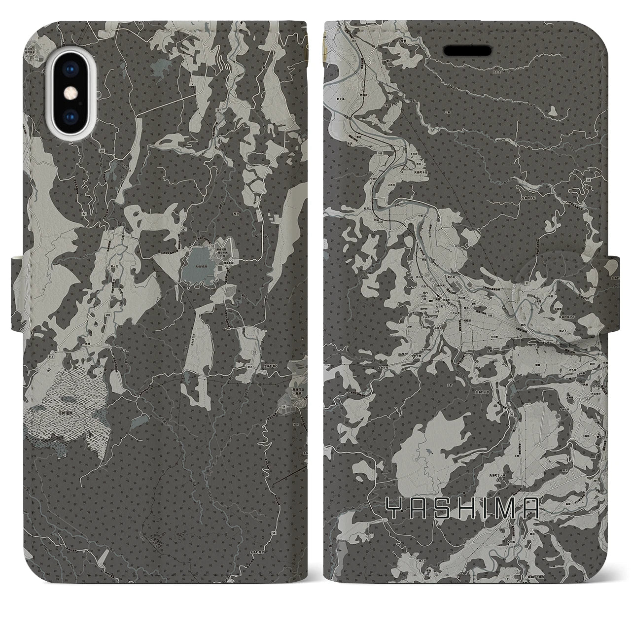 【矢島(秋田県)】地図柄iPhoneケース(手帳タイプ)モノトーン・iPhone XS Max 用