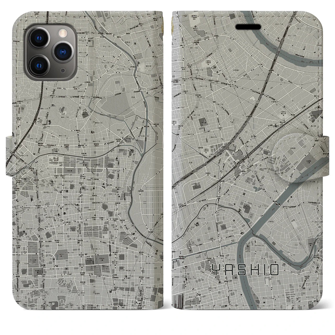 【八潮(埼玉県)】地図柄iPhoneケース(手帳タイプ)モノトーン・iPhone 11 Pro Max 用