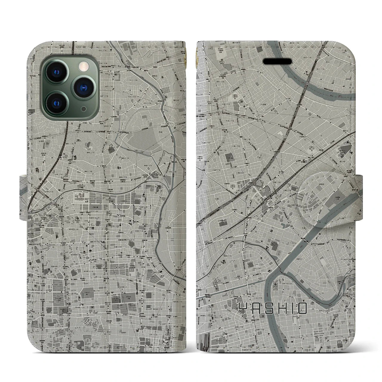 【八潮(埼玉県)】地図柄iPhoneケース(手帳タイプ)モノトーン・iPhone 11 Pro 用