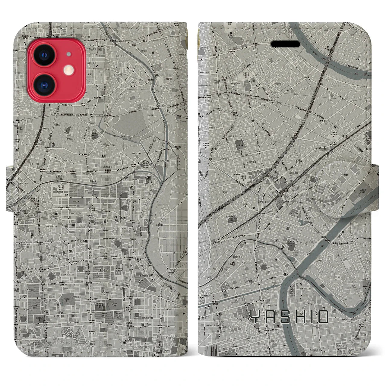 【八潮(埼玉県)】地図柄iPhoneケース(手帳タイプ)モノトーン・iPhone 11 用